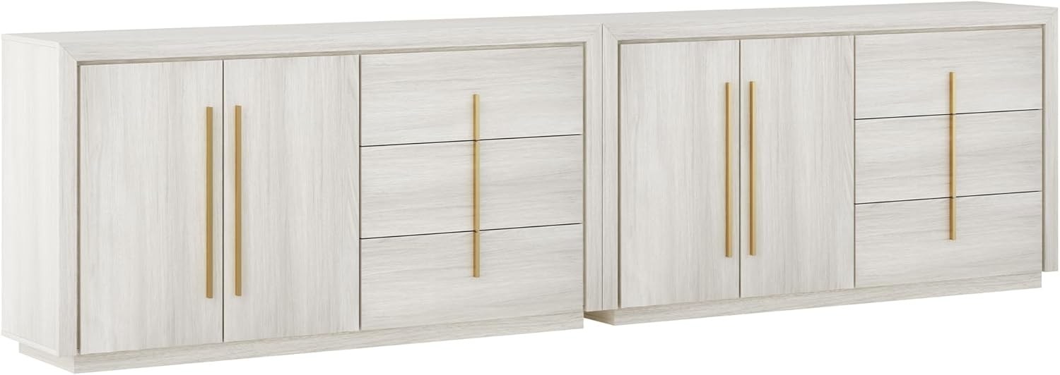BELLEZE Set of 2 Sideboard Buffet Cabinet, 64” Modern Fluted Door Console Sideboard with 3 Drawers and Adjustable Shelves, Accent Storage Cabinet for Entryway, Living Room, White Sand