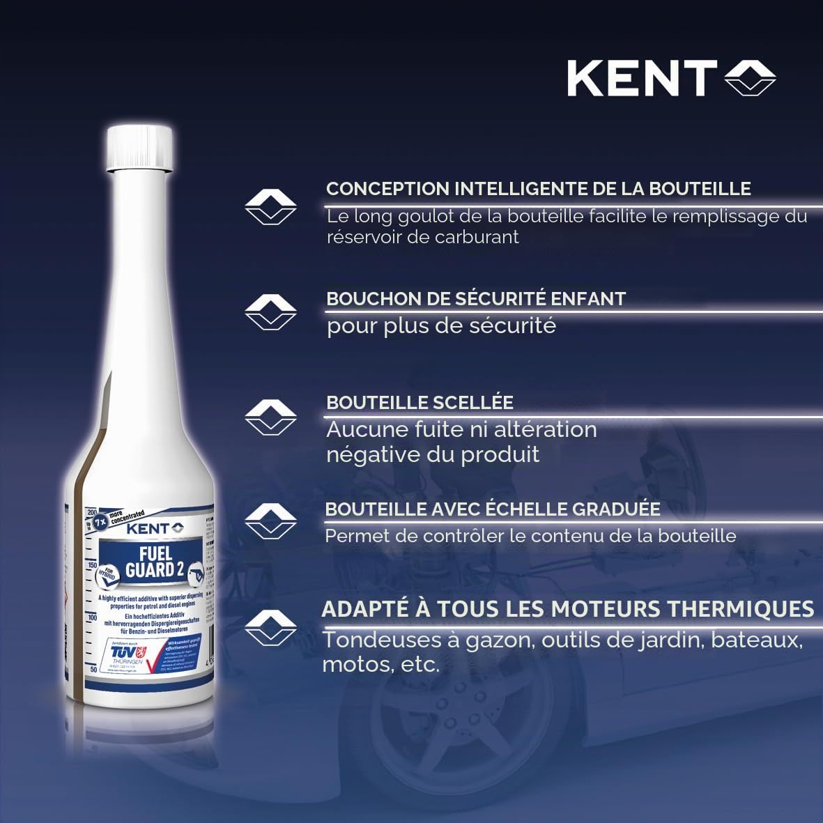 KENT Fuel Guard 2 – Additiv, essence et diesel, nettoyage du système – Nettoie le système de carburant, lubrifie et protège – Flacon de 250 ml
