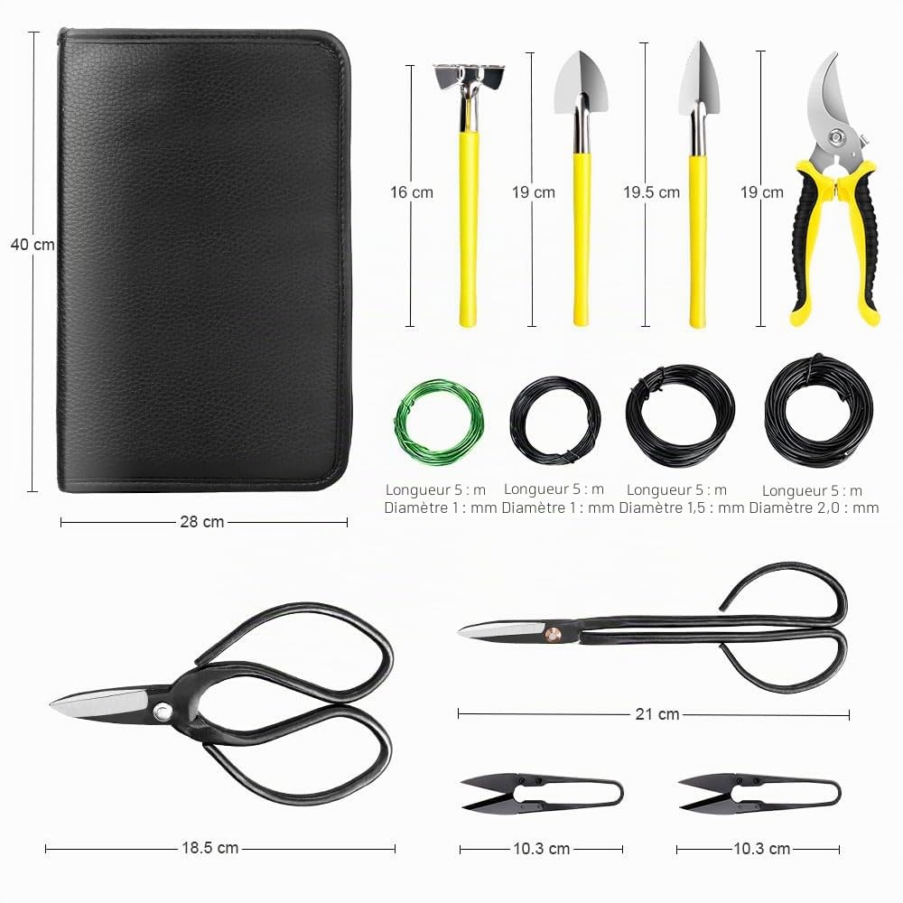 MOSFiATA Kit Bonsai 13 pièces Outils Bonsai avec Ciseaux pour bonsaï, Fil de Ligature pour Les bonsaïs, Mini râteau et Pelle, sécateurs de Jardin
