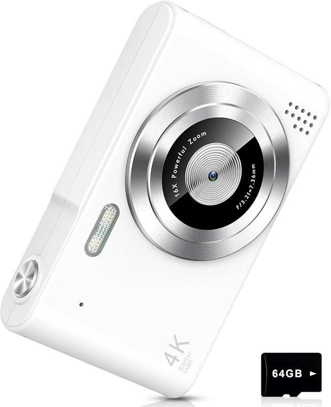 Digital Camera, Camera for Kids, UHD 4K 48MP Point and Shoot Digital Cameras with 64GB SD Card and 16X Digital Zoom Anti Shake, Compact Portable Small Gift for Boys Girls Students,White