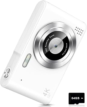 Digital Camera, Camera for Kids, UHD 4K 48MP Point and Shoot Digital Cameras with 64GB SD Card and 16X Digital Zoom Anti Shake, Compact Portable Small Gift for Boys Girls Students,White