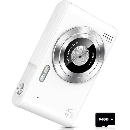 Digital Camera, Camera for Kids, UHD 4K 48MP Point and Shoot Digital Cameras with 64GB SD Card and 16X Digital Zoom Anti Shake, Compact Portable Small Gift for Boys Girls Students,White