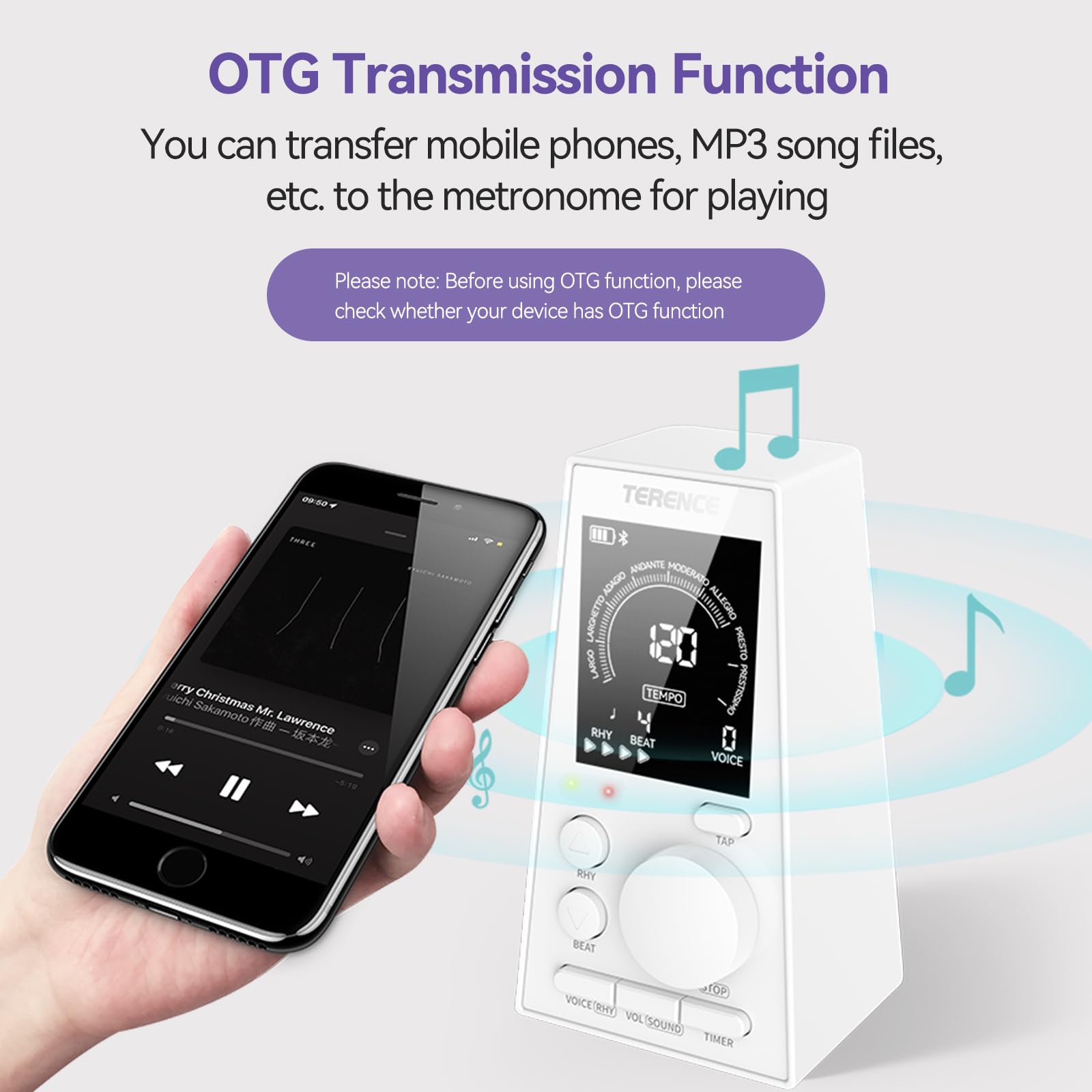 TERENCE Métronome Numérique Piano guitare basse eucliri instrument métronome électronique avec Haut - parleur LCD moniteur volume tempo réglable fonction de minuterie rechargeable 30-252bpm Blanc