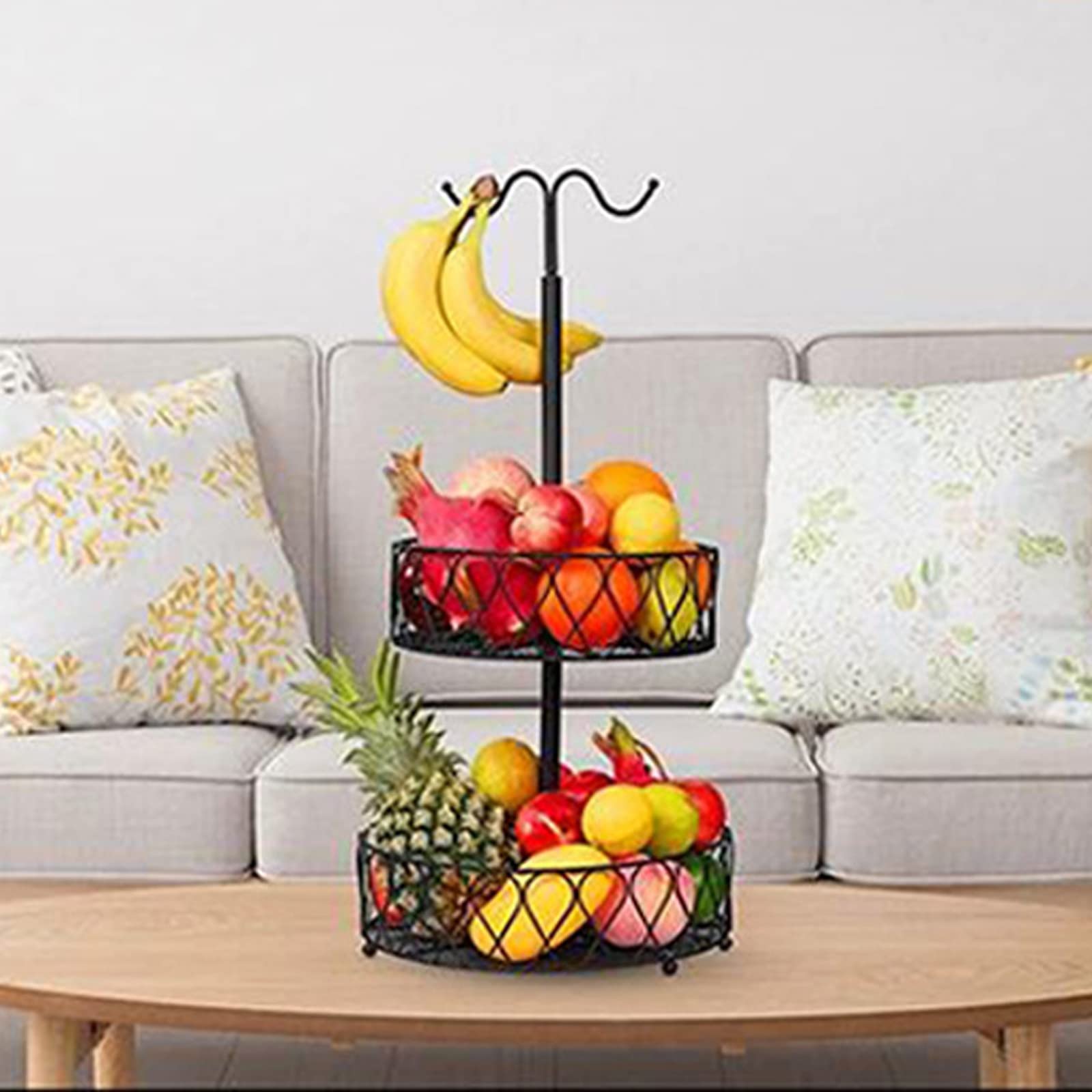 Cesta de Frutas de 2 Niveles con Colgador de Plátano, Alambre de Metal, Cesta de Almacenamiento de Frutas Y Verduras, Soporte Organizador de Frutas Extraíble, Soporte Grande para Cuencos de(A)
