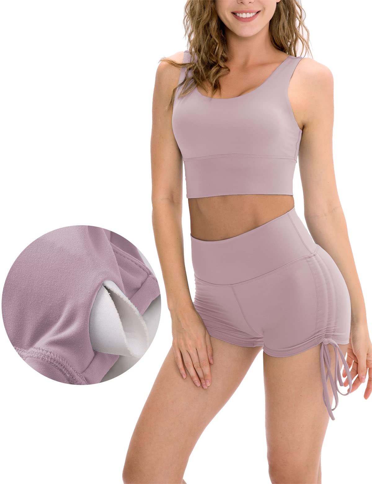 Conjuntos de entrenamiento para mujer, conjunto de gimnasio, fitness, espalda cruzada, brasier deportivo con leggings de yoga de cintura alta, pantalones cortos de motociclista, púrpura claro