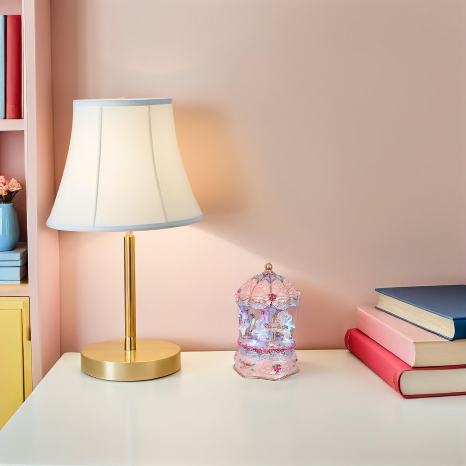 VANZACK Caja de Música Carrusel Tres Caballos Giratorios y Luz LED Ambiental, Decoración para Habitación Infantil San Valentín sin Pilas