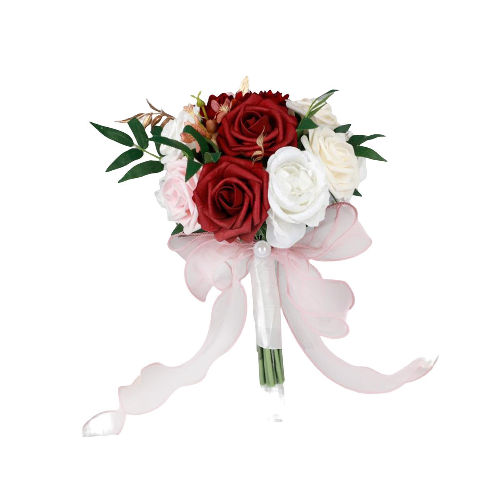 Zambuph Romantic Wedding Bridal Bouquets Holder Artificial Flowers Beautiful Silk Hand Flower Bouquets For Elegant Venues Church Flowers Photography Props, Red White, 29x22cm