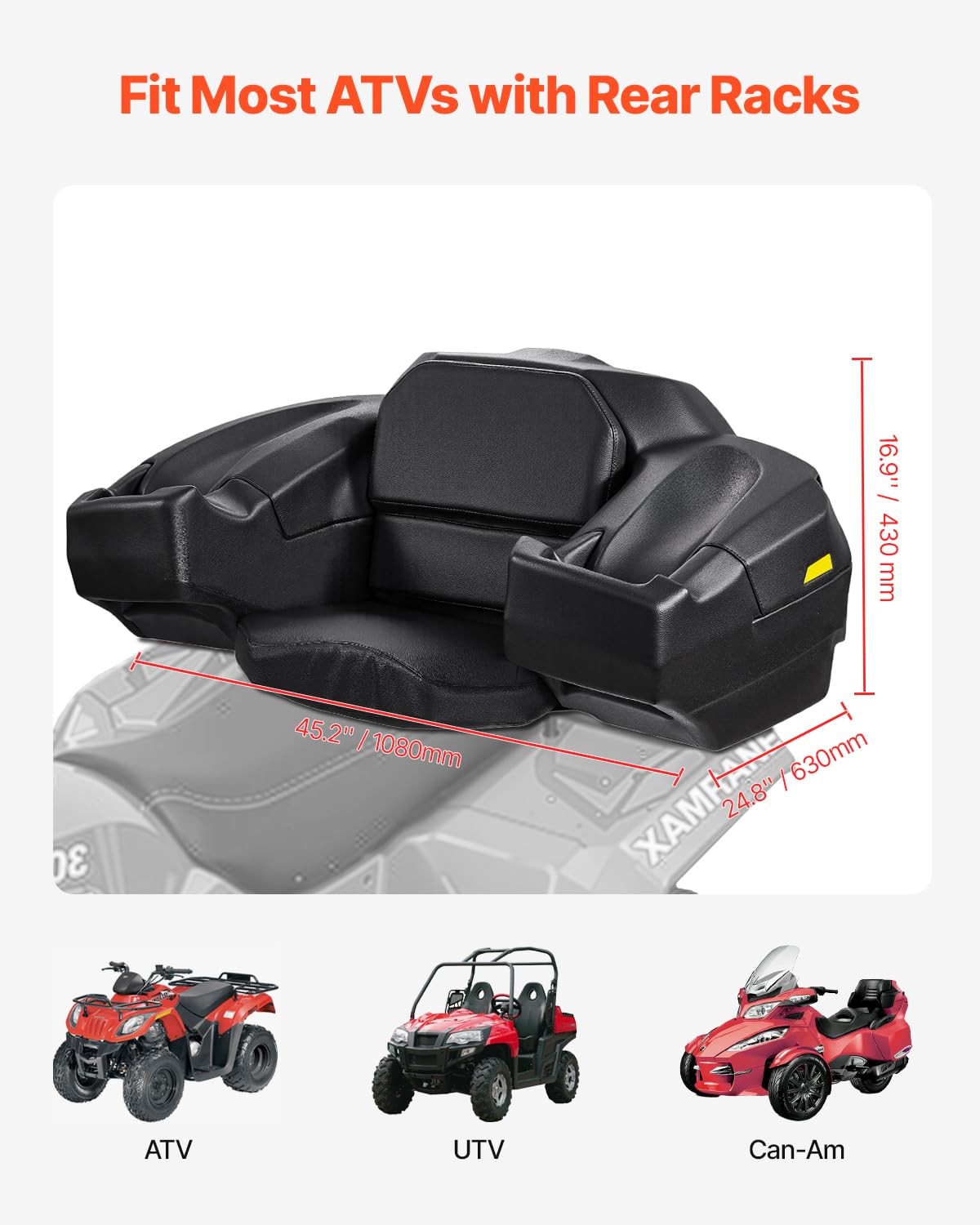 VEVOR Tylny schowek ATV i leżak, 95 l ATV Cargo Box z siedziskiem i oparciem, wodoodporny LLDPE i zamykany, pasuje do większości quadów z tylnym bagażnikiem, kompatybilny z pojazdami UTV, Can-Am