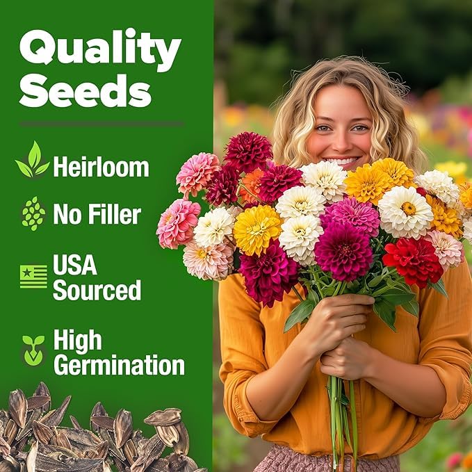 Image of HOME GROWN USA Premium Zinnia Dahlia Seeds Pack for 2026,1048 Non-GMO Flower Seeds, Vibrant Zinnia Elegans for Planting Pollinator Gardens, Borders & Containers, Easy-to-Grow Outdoor Blooms