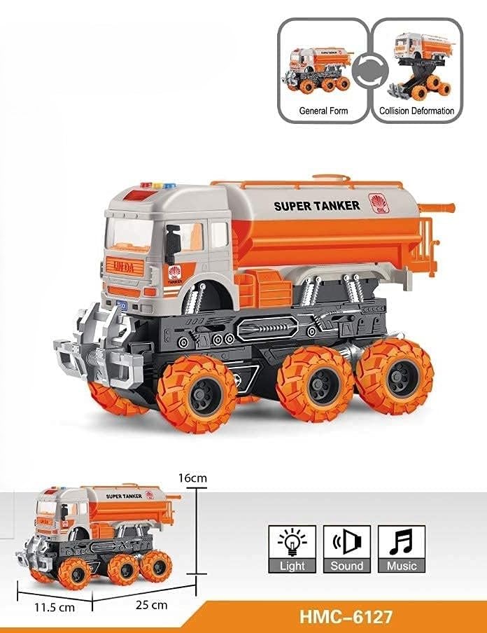 KRIREEN Heavy Deformation Truck Construction Friction Power Push and Go with 6 Wheel Toy for Kids with Sound and Lights, Best Gift for Birthday (Multicolour), (Pack of 1) (Oil Tanker) 4