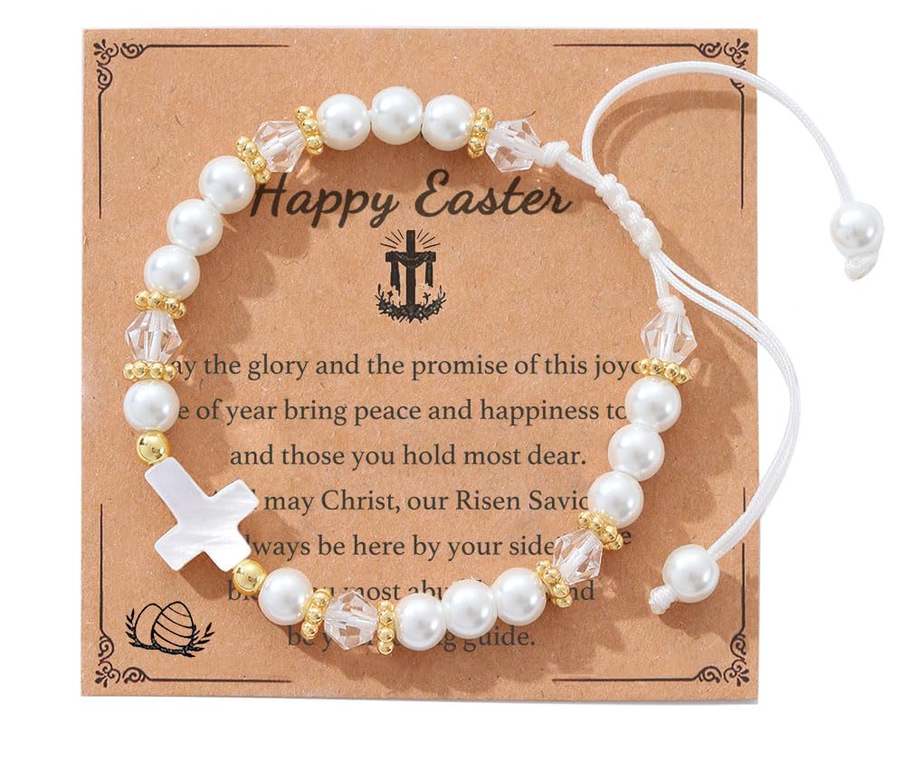 Cross Pearl Bracelet, First Communion Gifts, Baptism, Easter Gifts for Teen Girls, Faith Christian Religious Bracelet for Girls
