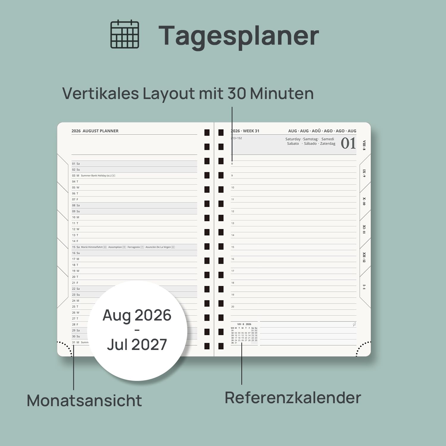 POPRUN Tagesplaner 2026 2027 Ringbuch mit Hardcover 21,5 x 14,5 cm, Tageskalender A5 1 Tag 1 Seite (Montag - Sonntag), Terminplaner (Aug.2026-Jul.2027) mit Plastiklineal (Pazifikgrün)