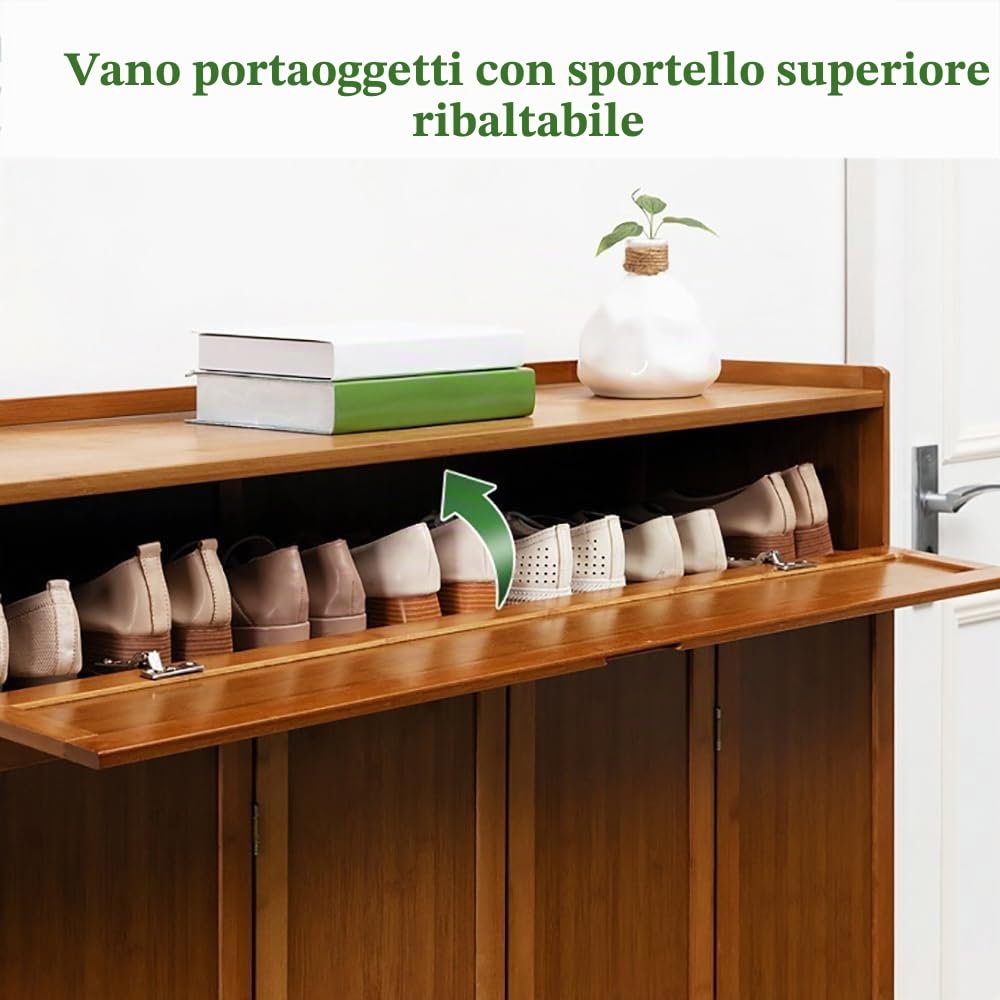 Scarpiera Portascarpe in Bambù, 117cm, Moderno Armadio Scarpe Stretto a 7 Ripiani con 4 Ante, Organizzatore Scarpe Risparmio Spazio per Ingresso, Armadietto Organizzatore Scarpe