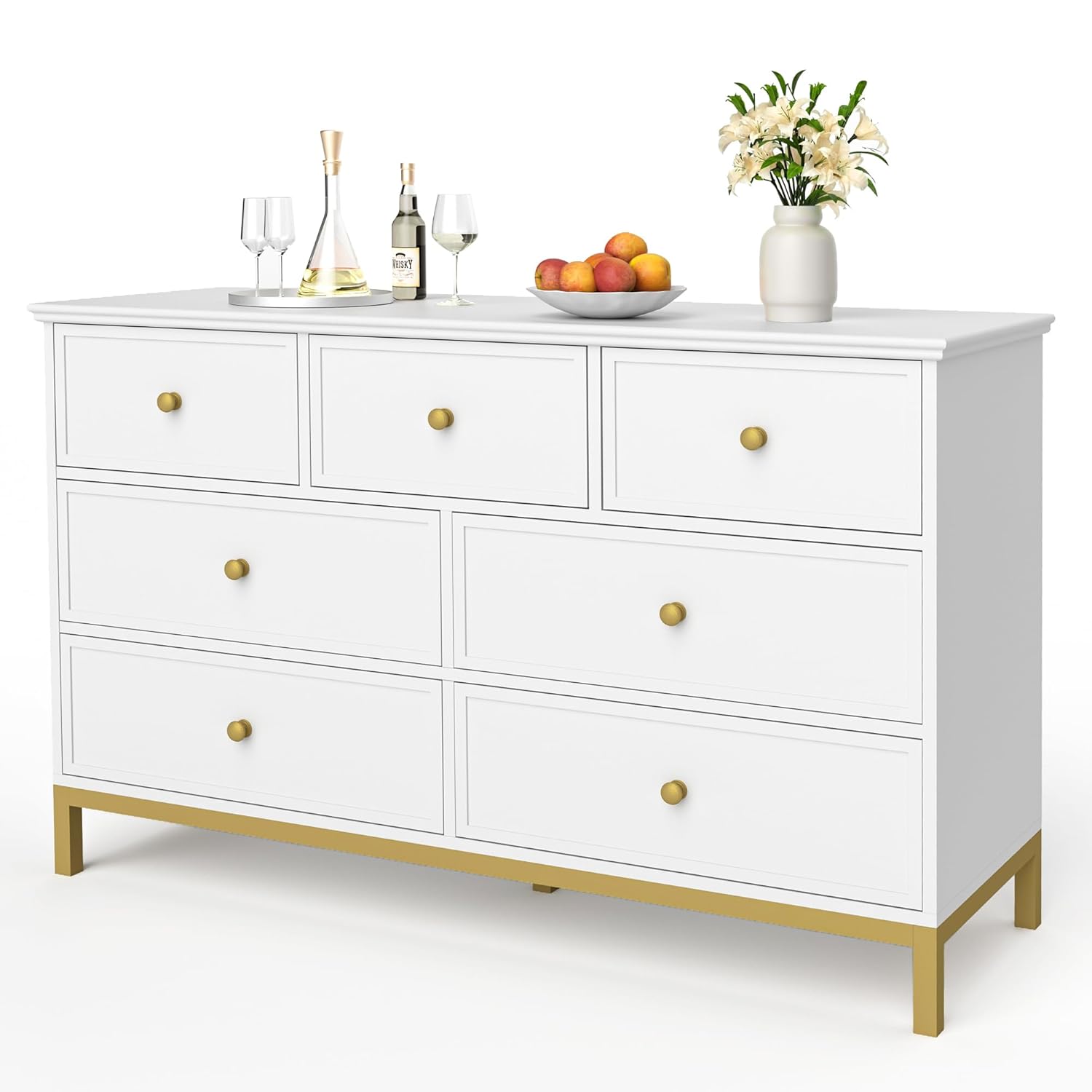 Pamapic Modern 7-Drawer White Dresser,47" White Wooden Dresser for Bedroom, Storage Organizer with Deep Drawers & Metal Handles for Bedroom, Entryway, Hallway