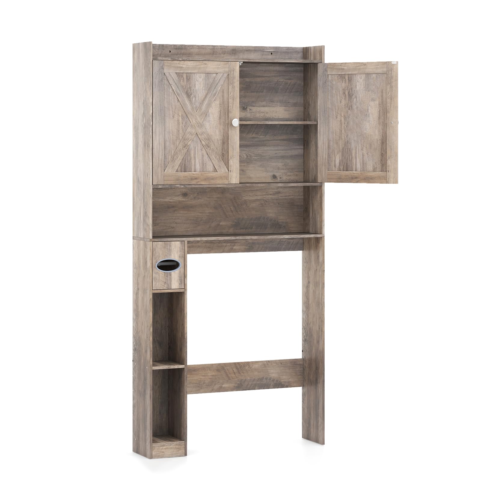 LIFEZEAL Armoire de Salle de Bain au-Dessus des Toilettes, Meuble de Rangement Gain de Place avec Barre Réglable et Porte-Papier Toilette Intégré, Étagère WC pour Salle de Bain (Brun Clair)