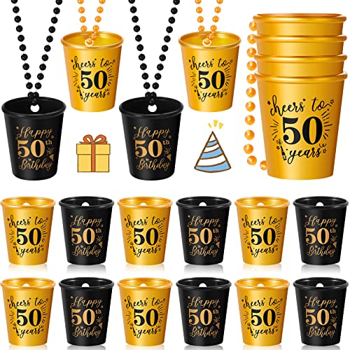 12 Pieces 30Th 40Th 50Th 60Th 70Th Shot Glasses Necklace Birthday Plastic Shot Glass On Beaded Necklace Shot Cups For Birthday Party Anniversary Supplies, Gold And Black (50Th) #TOP6