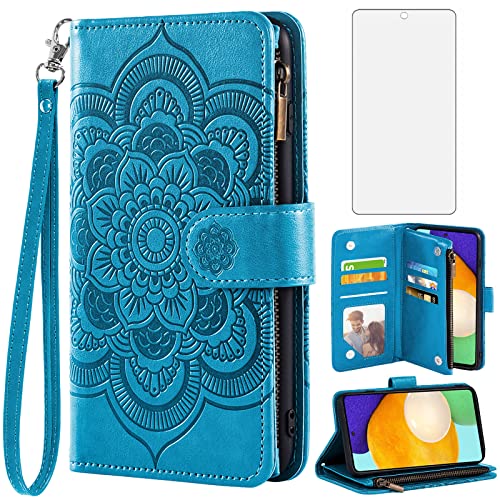 Asuwish Compatible with Samsung Galaxy A52/A52S 5G Wallet Case and Tempered Glass Screen Protector Leather Flip Card Holder Cell Phone Cover for Glaxay A 52 S 4G G5 Gaxaly 52A S52 52S Women Men Blue