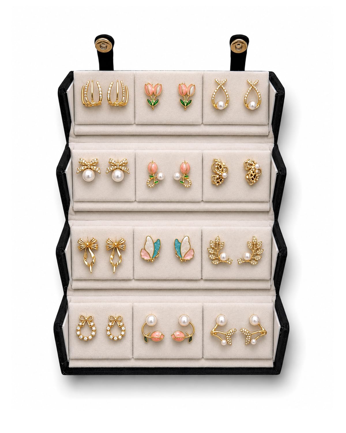 12 Pairs Elegant Pearl & Crystal Gold Plated Stud Earrings Set with Premium Display Gift Box for Women and Girls (17452er_BOX1025)