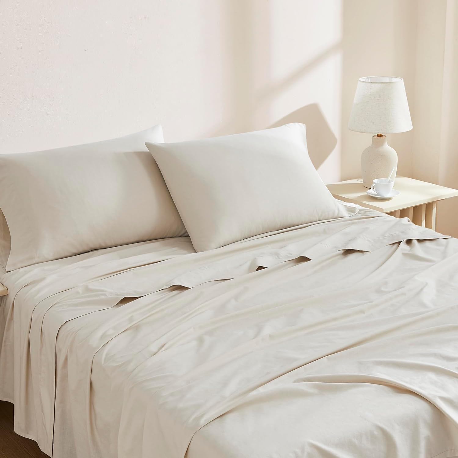 Linen Closet Luxury Cotton 144 Thread Count Organic Cotton 3-Piece Sheet Set,Twin XL, Beige