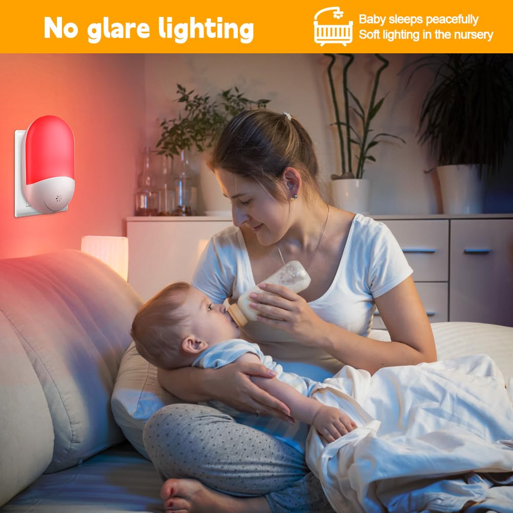 HOTUT 2-pak lampek nocnych z wtyczką i czujnikiem zmierzchu, czerwona lampka nocna LED dla dzieci, wtyczka do lampki nocnej dla dzieci, lampka nocna do pokoju dziecięcego, na schody, korytarze