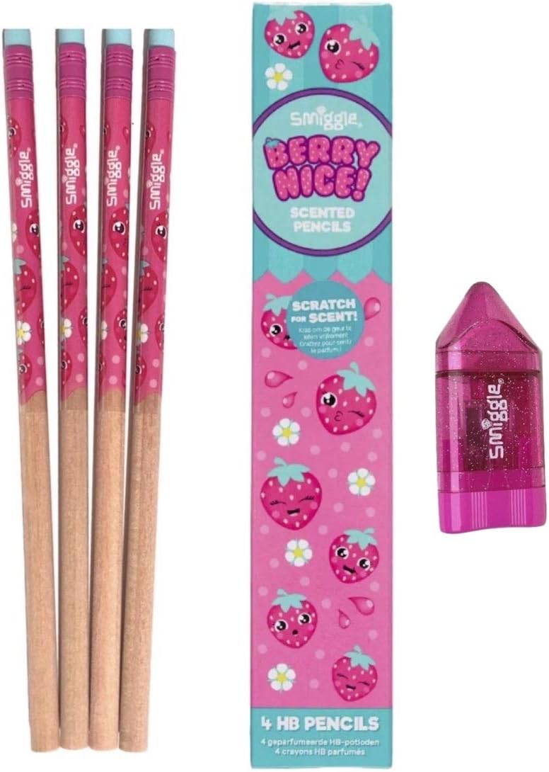 Smiggle Pencils & 2in1 Eraser/Sharpener Twin Pack (Strawberry / Sparkle Pink) BigaMart