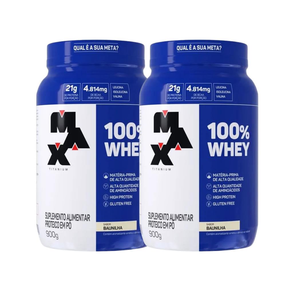 Kit 2 100% Whey Max Titanium Pote 900g Baunilha Suplemento em promoção! Veja a oferta e mais achadinhos de Vitaminas & Suplementos 2 Hoje é o melhor dia para comprar Kit 2 100% Whey Max Titanium Pote 900g Baunilha Suplemento com aquele preço maroto! Promoção! Aproveite a oferta! 2