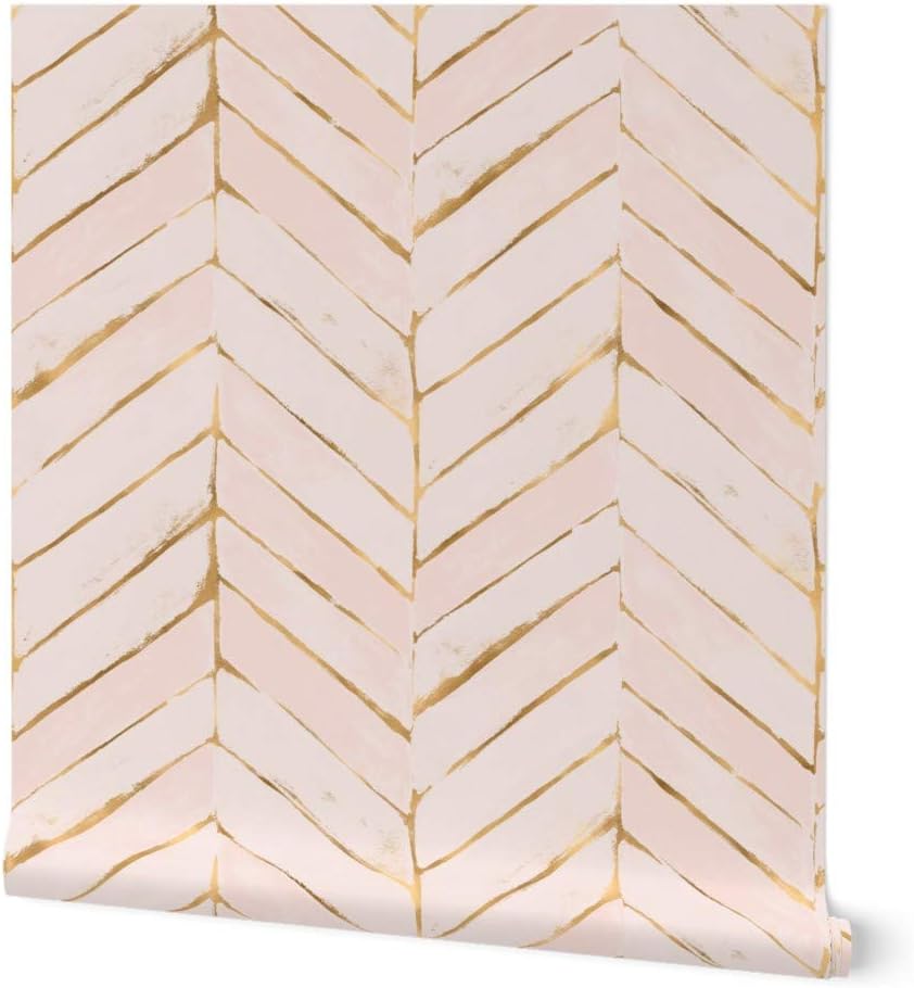 Removable Wallpaper 3ft x 2ft - Blush Pink Faux Gold Chevron Herringbone Painted Peach Boho Custom Pre-Pasted Wallpaper by Spoonflower