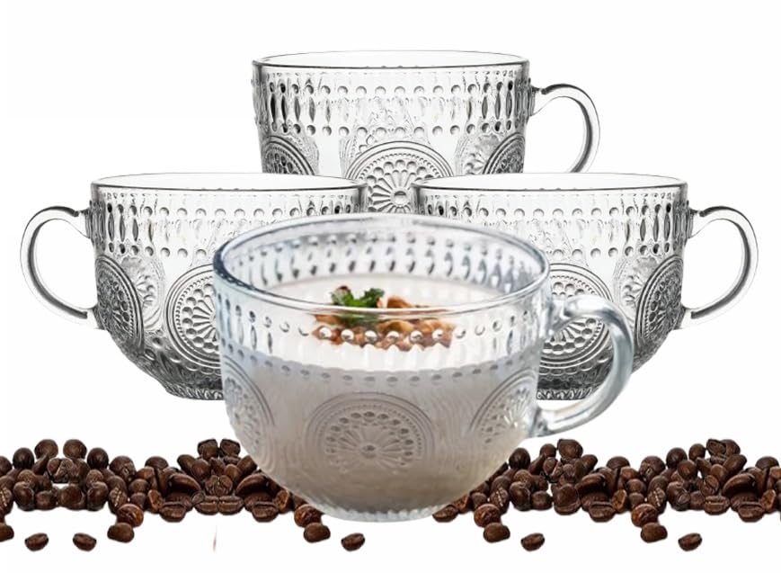 Image of 450 ML Glass Coffee Mug Set, with Convenient Handle, Tea Glasses for Hot /Cold Beverages, Thermal Shock Resistant, Tempered Glass, Mugs for Cappuccino (Flower Mug, 4 Count (Pack of 1))