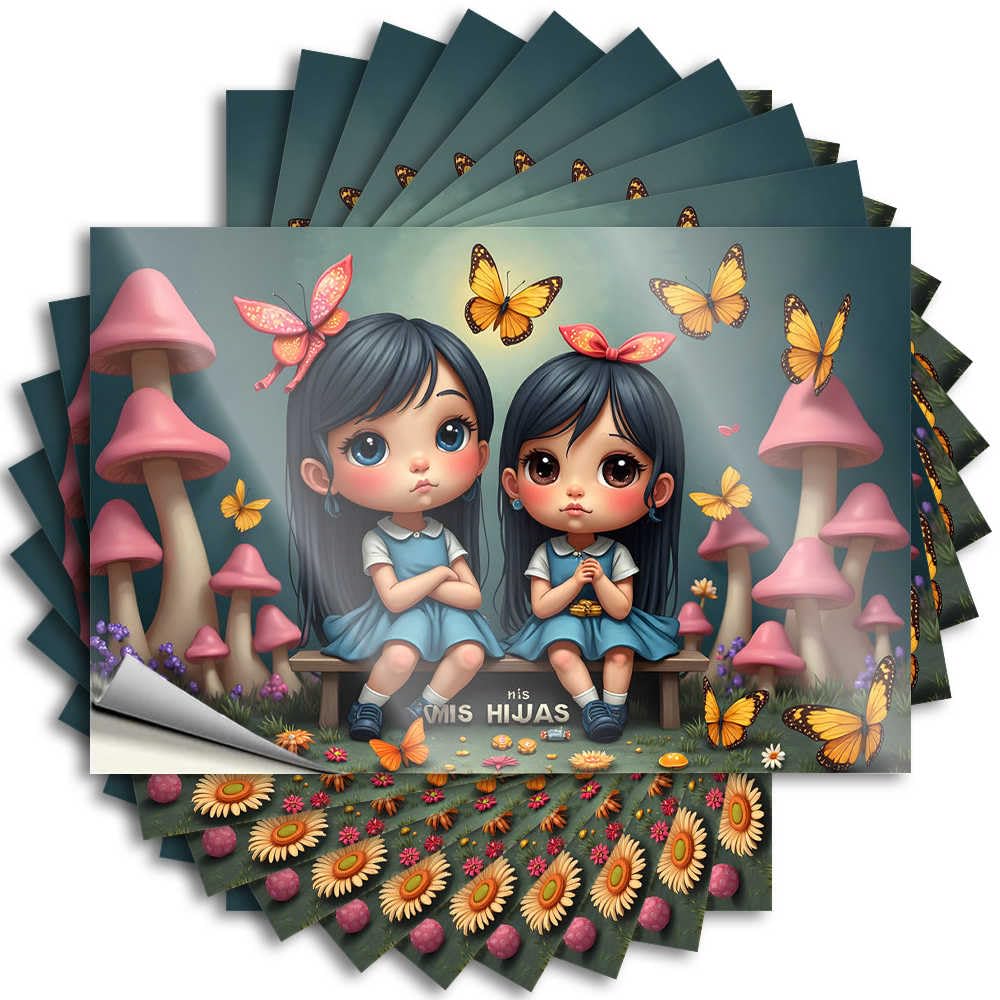 Two Sisters Sitting On A Bench Surrounded By Mushrooms and Butter Back Porch Decor Interior DIY | Retro Bumper Tumbler Removable Vinyl Sticker Decal(12X18CM)