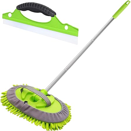 GreatCool 2 in 1 Chenille Microfiber Car Wash Mop Mitt with 44.5" Aluminum Alloy Long Handle,Brush Duster Not Hurt Paint Scratch Free Cleaning Tool Dust Collector Supplies for Washing Car,Truck, RV