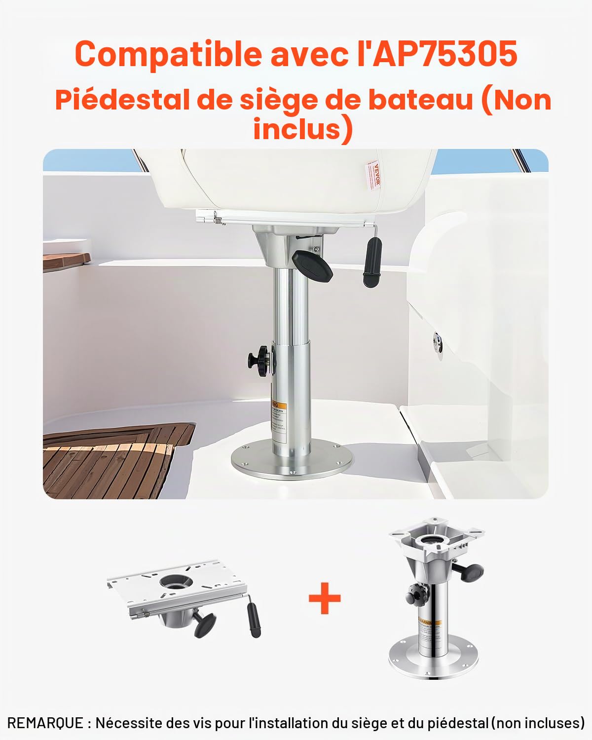 VEVOR Pied de Siège de Bateau à Réglage Coulissant vers l'Avant et l'Arrière, Base de Siège de Bateau en Alliage d'Aluminium avec Glissière, Convient aux Poteaux de 2-7/8 pouces 7,3 cm de Diamètre