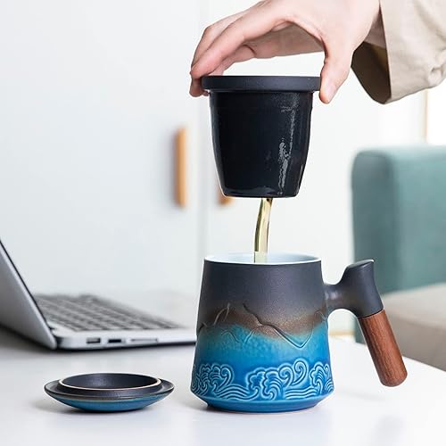 Miniatura 3 de MAXJOY Taza de té con infusor y tapa, taza de té de cerámica de hojas sueltas de 15.2 onzas, mango de palisandro, negro y azul