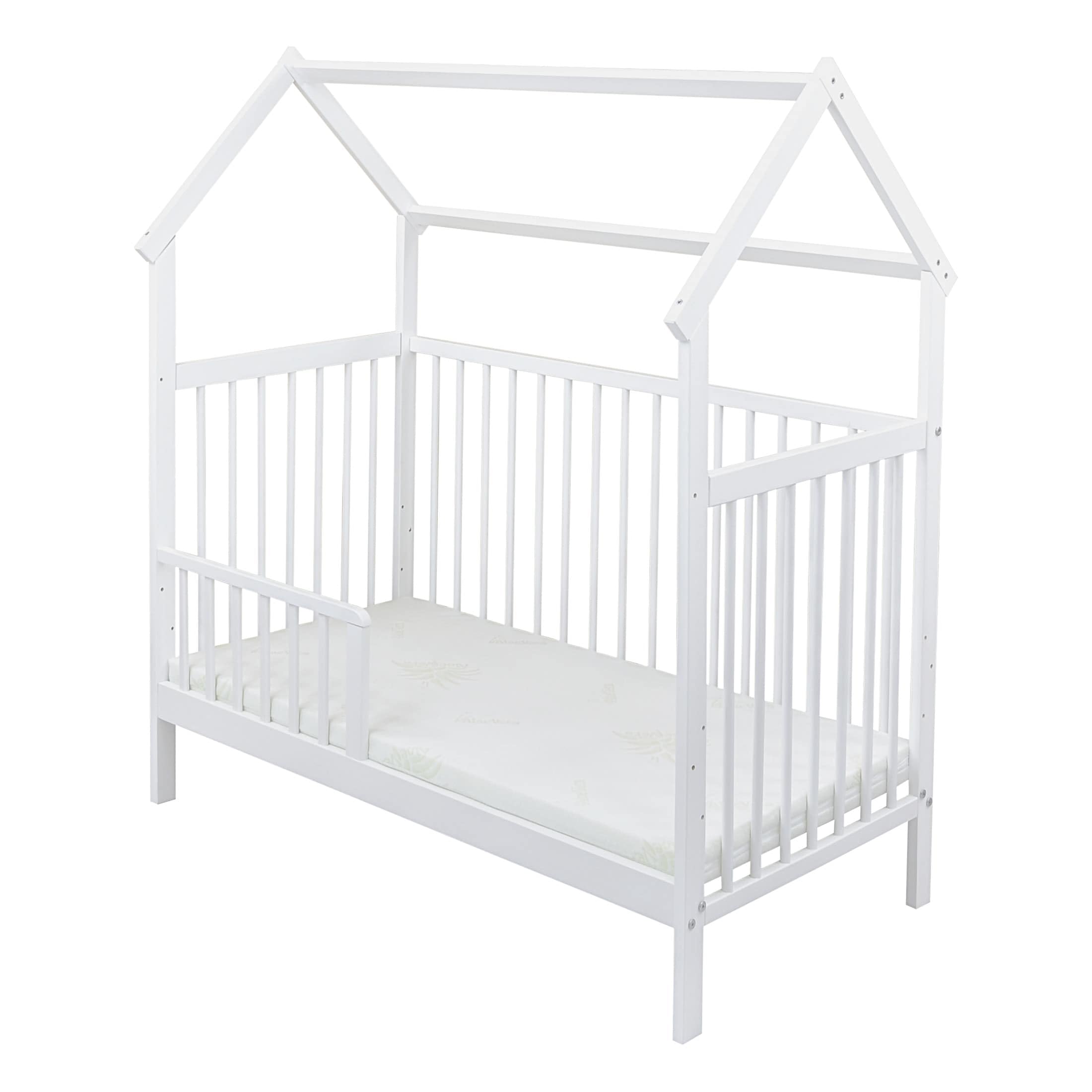 Generisch Baby Delux Babybett Komplett Set Hausbett 60x120 cm weiß Rausfallschutz Kinderbett Matratze Bettwäsche Deko Set (Musselin Himmel, Rosa Musselin Waffelpique)