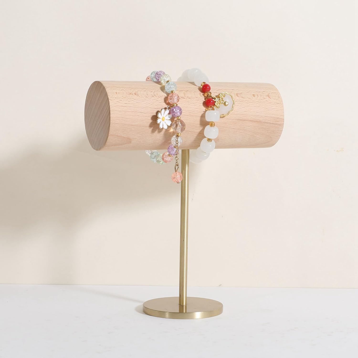 GemeShou White bracelet holder stand for selling, wood bracelet organizers and storage, retail bracelet hanger display for boutique Home Decor【Beech Brass Bracelet Holder-Low】