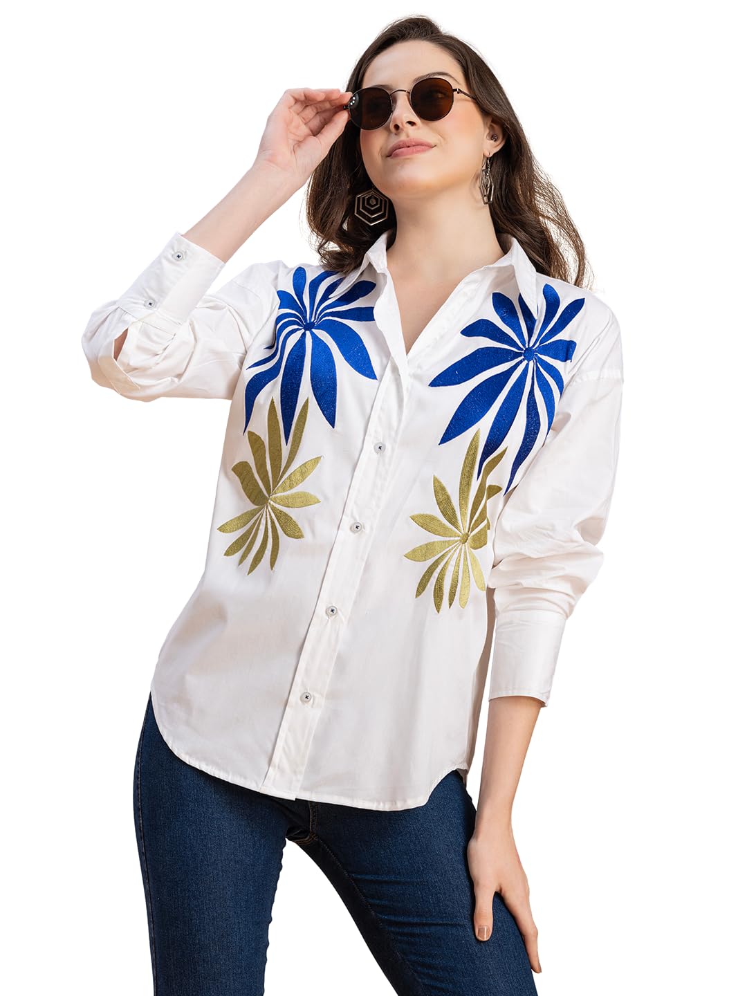 lounge dreams White Embroidered Pure Cotton Oversized Shirt (Small)-picture-25