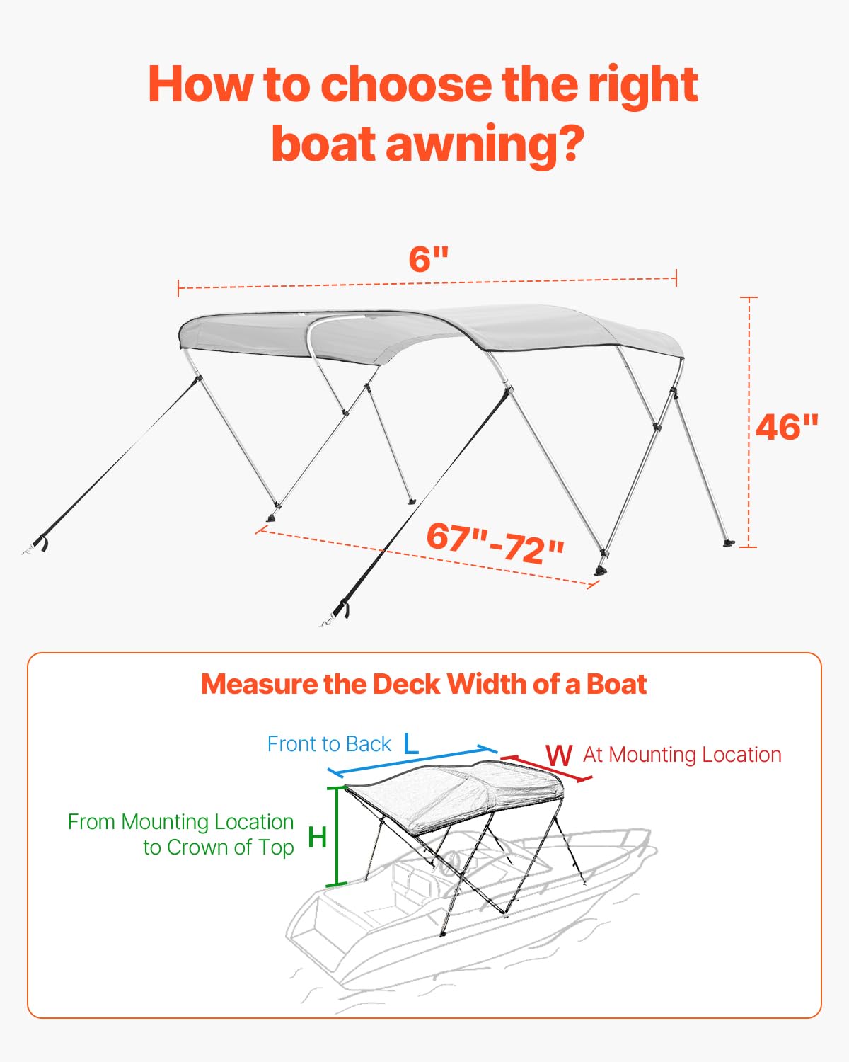 VEVOR Tendalino per Barca a 3 Archi Regolabile 182 x 117 x 170-182 cm, Tenda Parasole Telaio in Lega di Alluminio Tela di Poliestere 900D, Tendalino Tettoia Parasole Pieghevole per Barca a Vela Grigio
