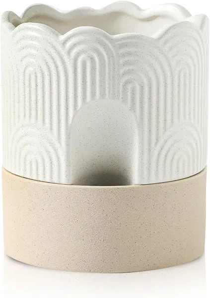 Nihow Self Watering Plant Pot: 6 Inch Ceramic Planter with Drainage Hole & Water Storage Plus - Relief Design Self Watering Pot for Indoor Plants - Beige & Nature Flower Pot