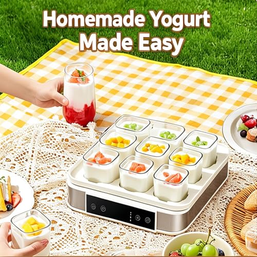 Máquina digital de yogurt con 9 tarros de vidrio, control de temperatura ajustable para queso casero, nato, máquina de fermentación de acero inoxidable fácil de limpiar