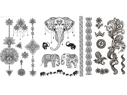 Glaryyears - Set di 3 adesivi per tatuaggi temporanei con mandala, colore nero, impermeabile, per tutte le età
