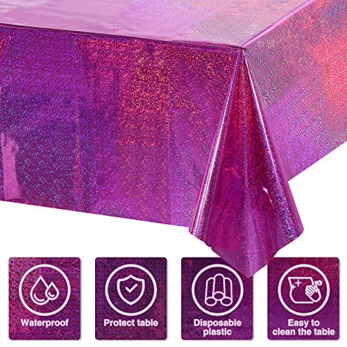 Image of 8 Pack Iridescence Plastic Tablecloths Shiny Disposable Laser Rectangle Table Covers Holographic Foil Tablecloth Iridescent Kpop Birthday Bridal Wedding Party Decoration, 54 inch x 108 inch(Pink & Purple)