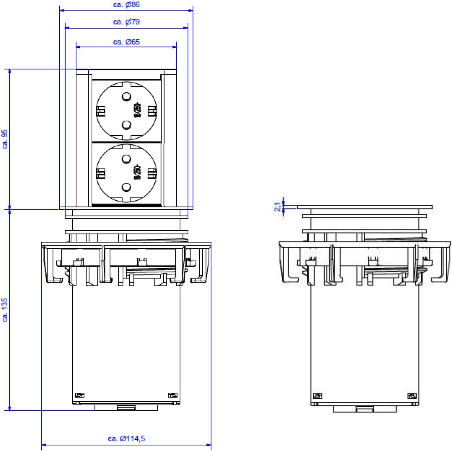 Bachmann Elevator Retractable Socket 2-Way 2 m Cable Table Socket for Kitchen and Office Stainless Steel Look 928.002 (Extends at The Touch of a Finger Aluminium Profile)