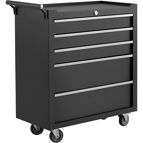 GarveeHome 5-Drawer Tool Chest, Rolling Tool Box with Wheels and Lock System, Portable Storage Rolling Tool Chest for Warehouse, Workshop & Repair Shop, Black