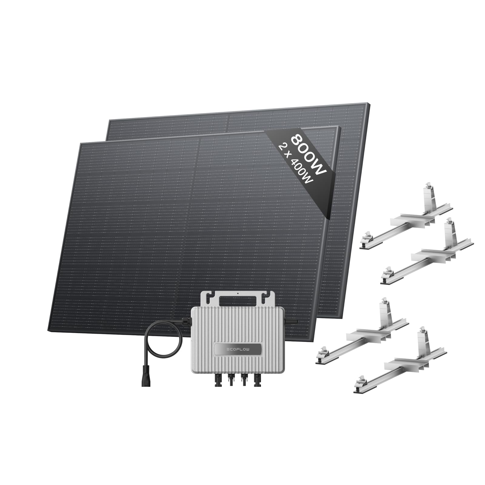 EcoFlow STREAM Fotovoltaico da balcone, 600W microinverter grid tie, 2x400W pannelli solari FV+2*Supporto-Tetto piatto, controllo Wi-Fi/app per tetti piatti e giardini