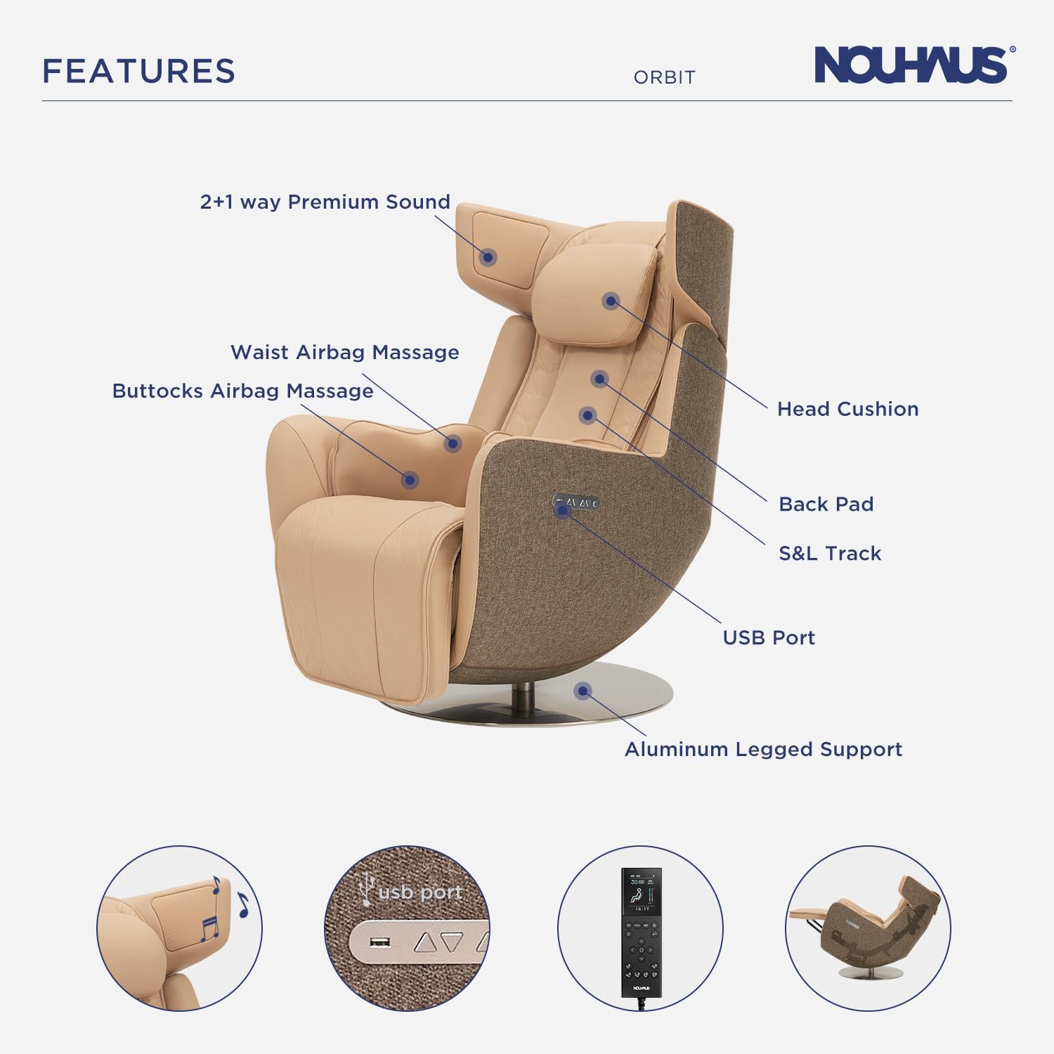 Nouhaus Orbit Heated Massage Chair,Full Body Massaging Zero-Gravity Leisure Recliner with Low-Noise 3D Massage and Dual Sound Systems Modern Massage Chairs (Mellow Sand)