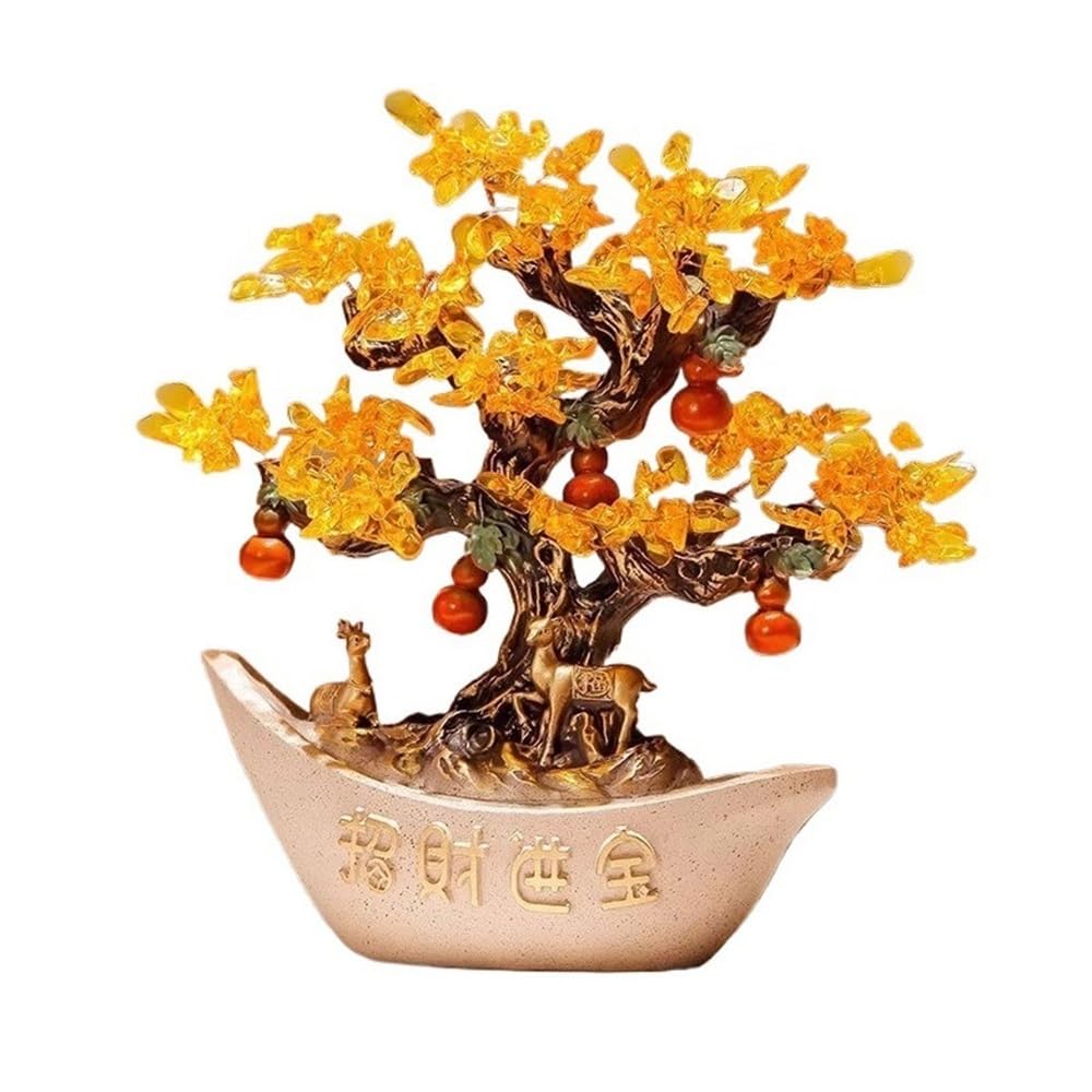 Fortune Crystal Trees Crystal Tree Ornament for Living Room, Office with Gold Ingot Citrine Decoration, Gemstone Feng Shui Attracting Wealth(Beige)