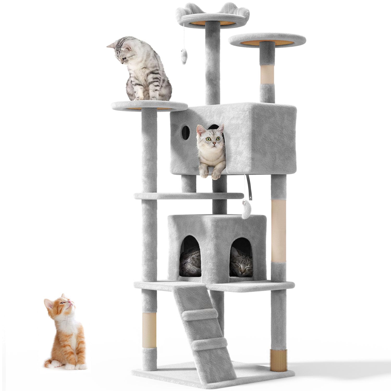 OS MOTOR 70'' Cat tree Tower for Indoor Cats Large Adult,Cute/Tall Modern Cat Tree for Big Cats 20 lbs,Plush Multi-Level Cat Condo with Scratching Posts,Dangling Ball for fun play(Light Gray, 70 inch)