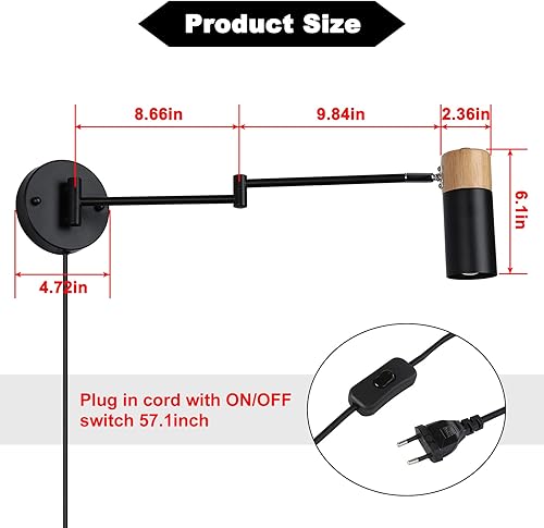 Miniatura 6 de Lámpara de pared con brazo oscilante y cable de enchufe para dormitorio, sala de estar, lámpara de lectura moderna nórdica montada en la pared,