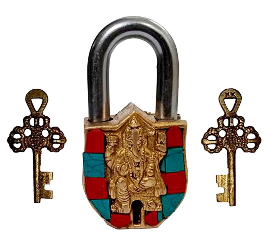 Purpledip Brass Lock Padlock Ganesha: Antique Design with Colorful Gemstones; Unique Collectible Combination of Beauty & Security with Religious Significance (11094)