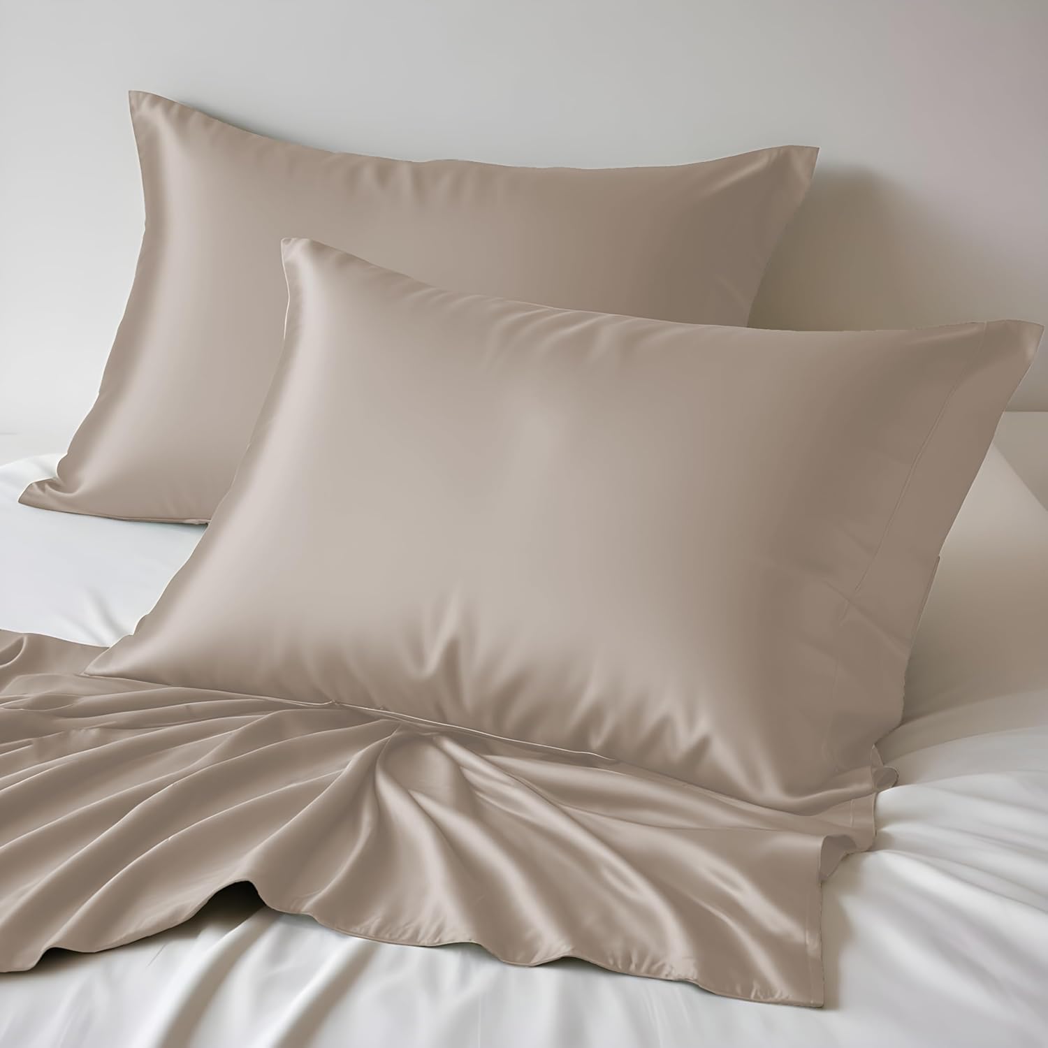 LINENWALAS 100% Organic Bamboo Pillowcase Set of 2, Soft Bamboo Silk Pillowcases Self Check Design for Hair and Skin Standard Size Cooling Pillow Cases (20x30 Inches, Taupe)