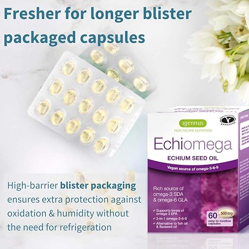 Miniatura 7 de Echiomega Vegan Triple Omega 3 6 9 500 mg, aceite de semilla de Echium, suplemento EFA para mujeres con GLA, 60 cápsulas blandas